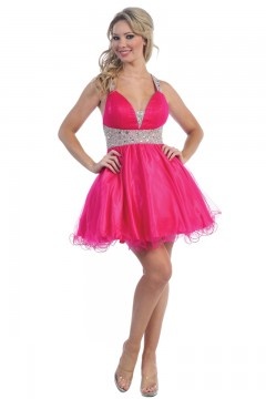 Sexy petite robe bal dos nu fuchsia ornée de strass