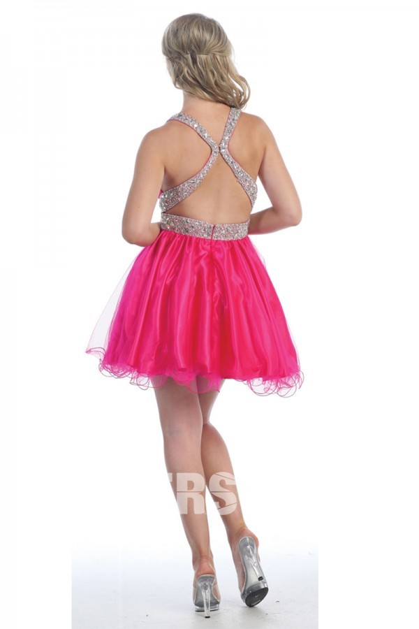 Sexy petite robe bal dos nu fuchsia ornée de strass