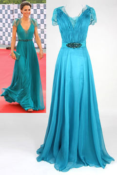Robe soirée longue Kate Middleton plissée en dentelle dans le dos
