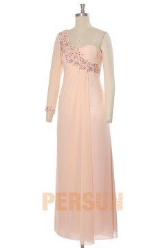 Robe bal perlée à seule manche avec bretelle fine
