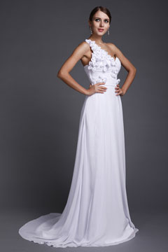 Robe bal plissée épaule asymétrique ornée de fleurs longue sol