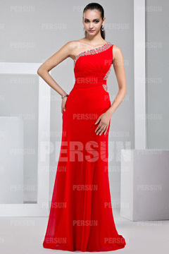 Robe bal rouge longue plissée épaule asymétrique stras