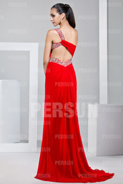 Robe bal rouge longue plissée épaule asymétrique stras