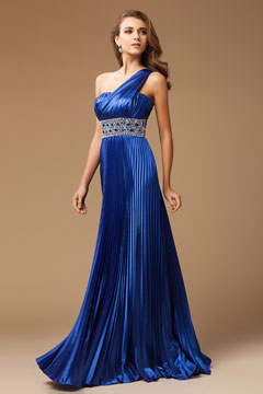 Robe soirée bleue plissée épaule asymétrique ceinturée de strass