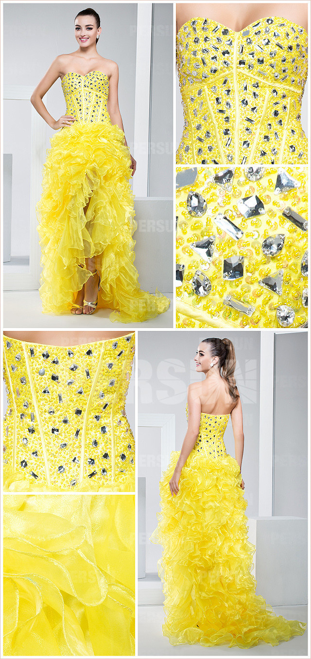 robe jaune haut-bas strass ornée