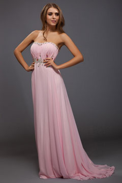 Robe rose longue empire bustier plissée ornée de strass