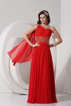 Robe soirée asymétrique empire longue avec détail en cascade sur l'épaule