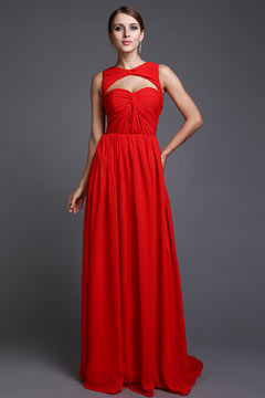 Robe soirée rouge découpée avec plis fait-main longue sol