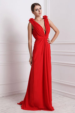 Robe soirée rouge très décolletée avec fleurs fait-main