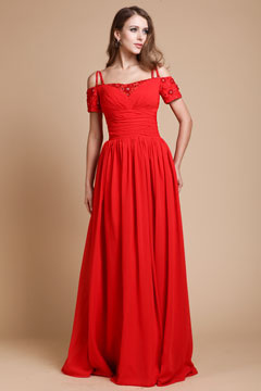 Robe soirée empire rouge longue avec bretelle fine et épaules tombantes