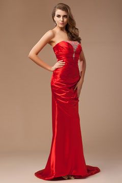Robe soirée bustier rouge plissée avec traîne chapel
