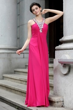 Robe rose bonbon longue empire à bretelle ornée de strass en mousseline