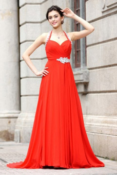 Robe de cérémonie rouge longue plissée à col américain
