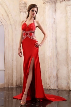 Robe rouge sexy ornée de strass avec fente latérale