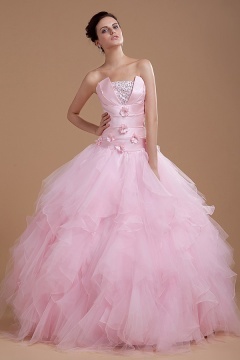 Robe de bal princesse bustier plissé et strassé à jupe en tulle
