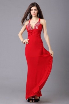Sexy robe de bal rouge bustier plongeant dos découpé