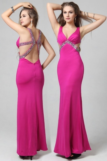 Sexy robe empire découpe dos nu décolleté plongeant en mousseline embellie de strass