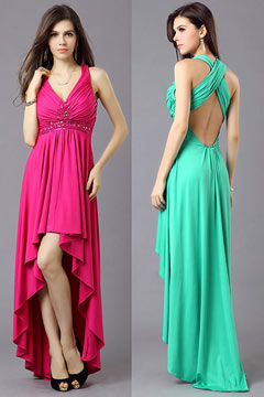 Robe cocktail rose bonbon dos ouvert courte devant longue derrière empire