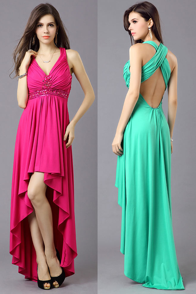 Robe cocktail rose bonbon dos ouvert courte devant longue derrière empire