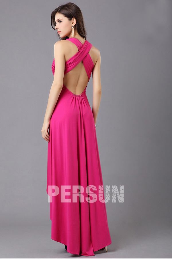 Robe cocktail rose bonbon dos ouvert courte devant longue derrière empire