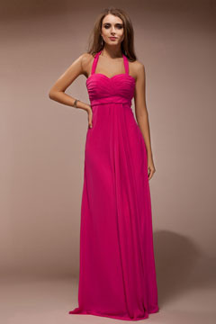Robe rose bonbon longue bustier cœur empire ruchée en col halter