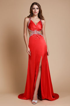 Robe rouge sexy découpée avec fente latérale à dos ouvert