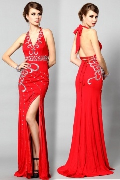 Robe soirée fendue dos décolleté style moulant