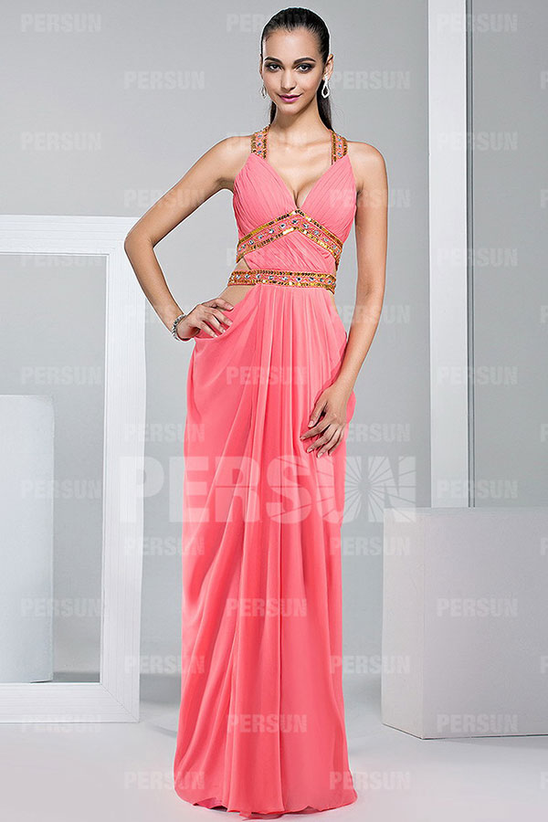 Robe habillée plissée ornée de strass avec bretelle croisée au dos