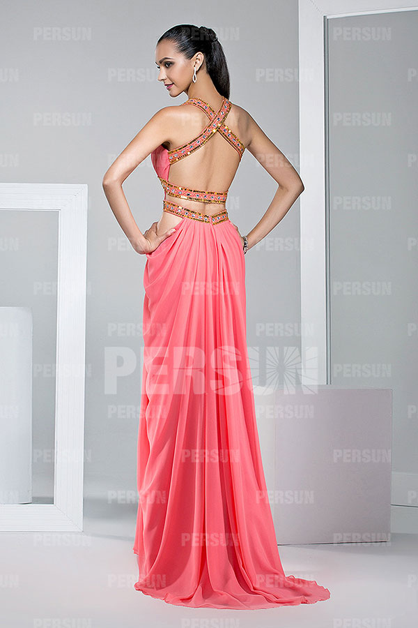 Robe habillée plissée ornée de strass avec bretelle croisée au dos
