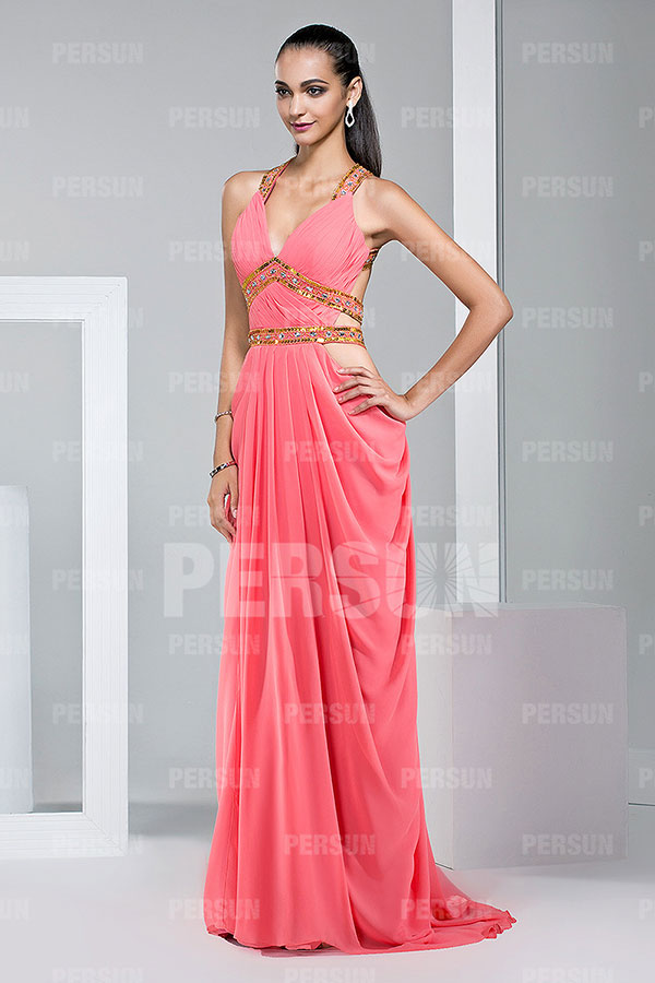 Robe habillée plissée ornée de strass avec bretelle croisée au dos