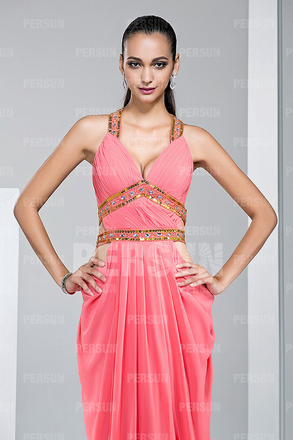 Robe habillée plissée ornée de strass avec bretelle croisée au dos
