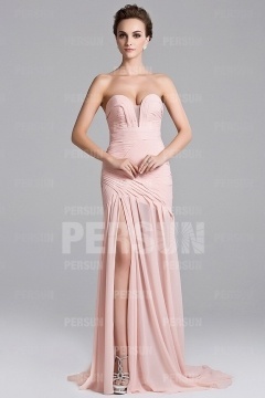Sexy robe cérémonie rose fendue à bustier ruché