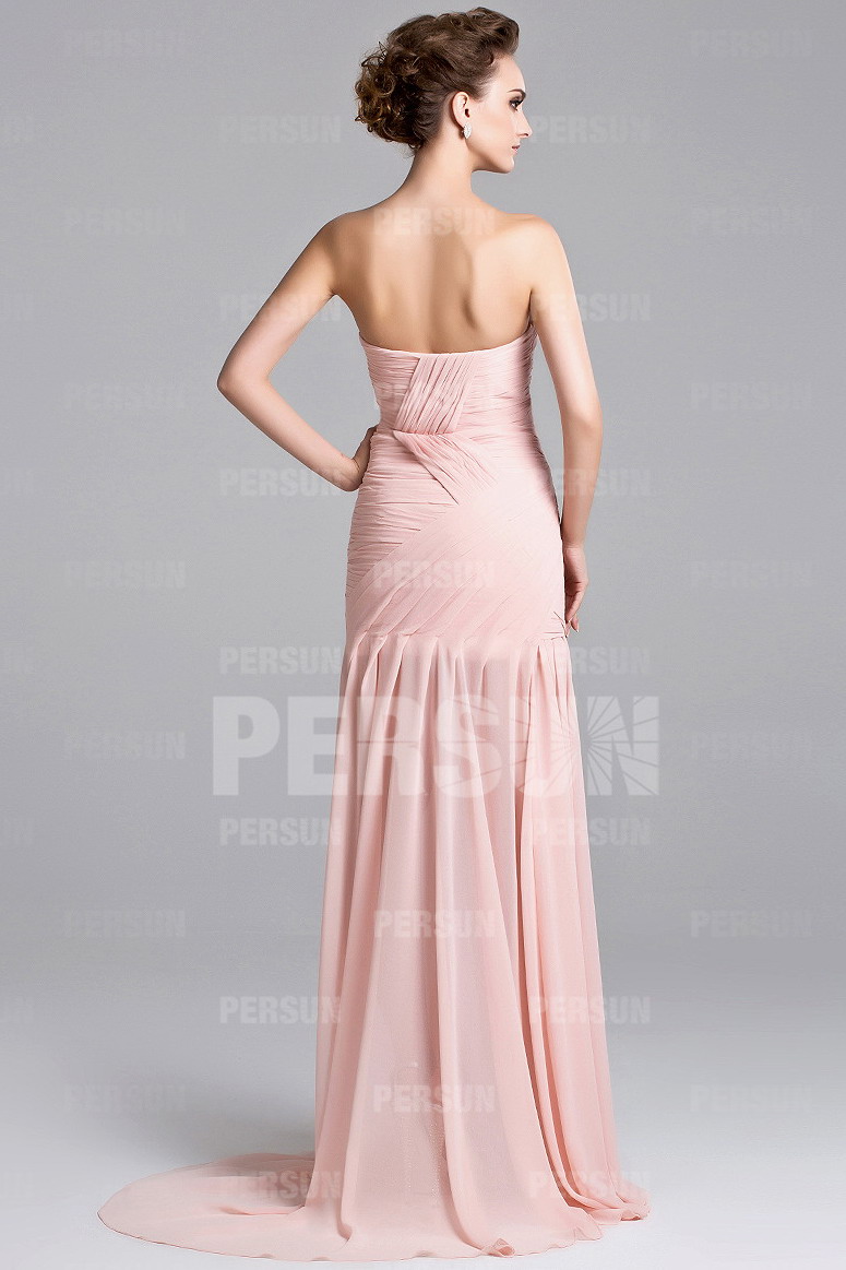 Sexy robe cérémonie rose fendue à bustier ruché