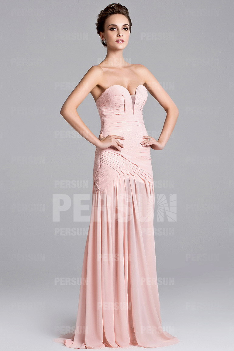Sexy robe cérémonie rose fendue à bustier ruché