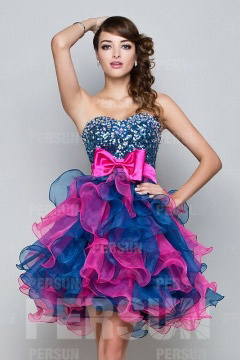 Robe de bal bustier cœur strassé fuchsia & bleu extravagant à nœud papillon