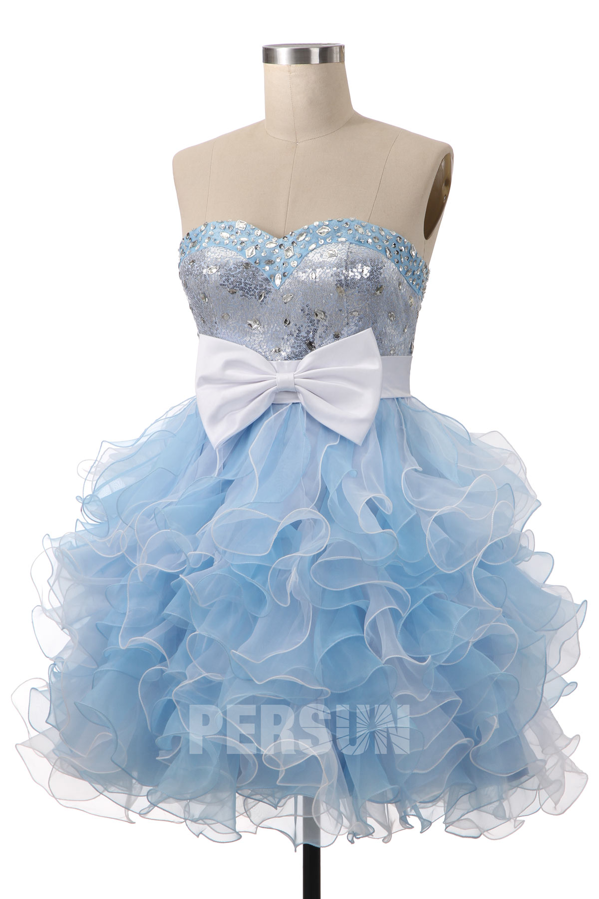 Robe de bal bustier cœur strassé fuchsia & bleu extravagant à nœud papillon