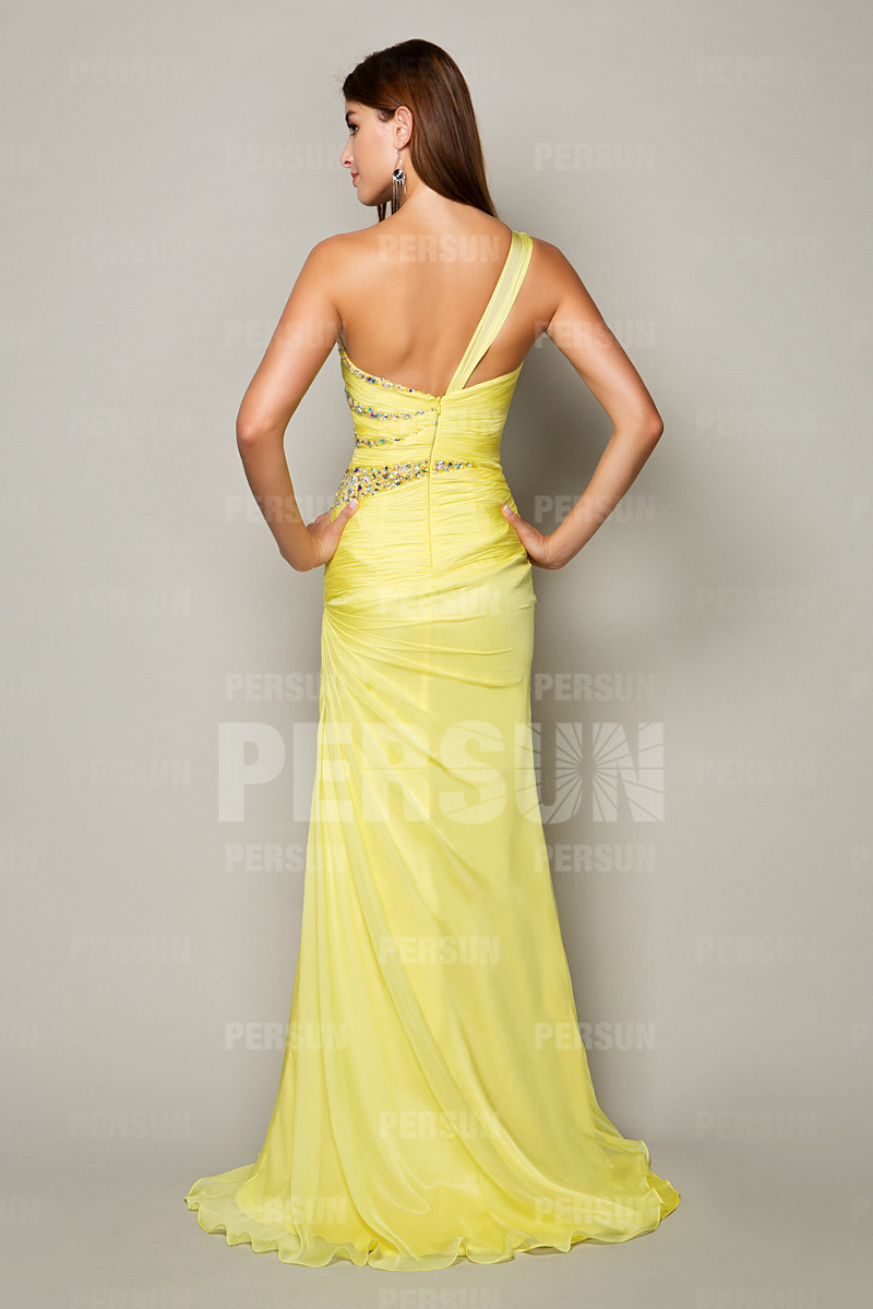 Robe soirée plissée moulante ornée de strass longue sol