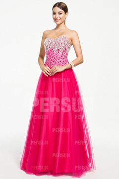 Robe de bal princesse fuchsia à bustier sequins