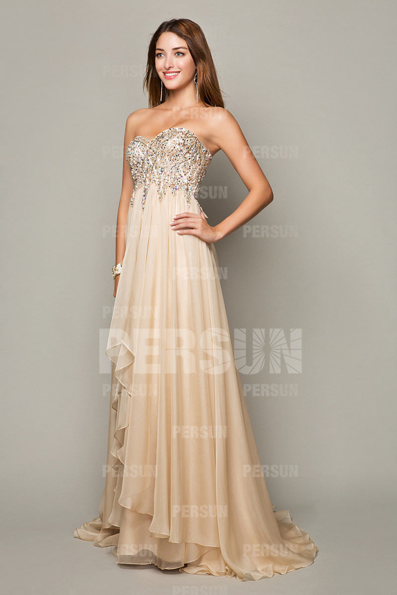 Robe longue bustier cœur empire ornée de sequin en tencel