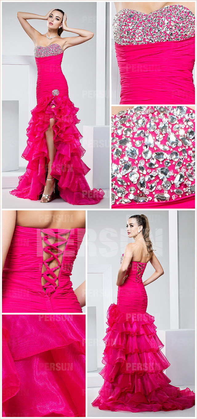  robe courte devant longue derrière bustier cœur orné de strass dos ouvert
