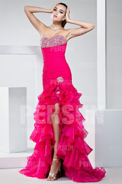 Robe de bal de promo rose bonbon avec jupe fendue & volantée
