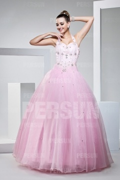 Robe bal rose col halter à jupe princesse en tulle