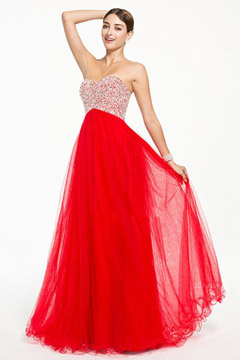 Robe soirée rouge bustier pailleté style empire longue sol