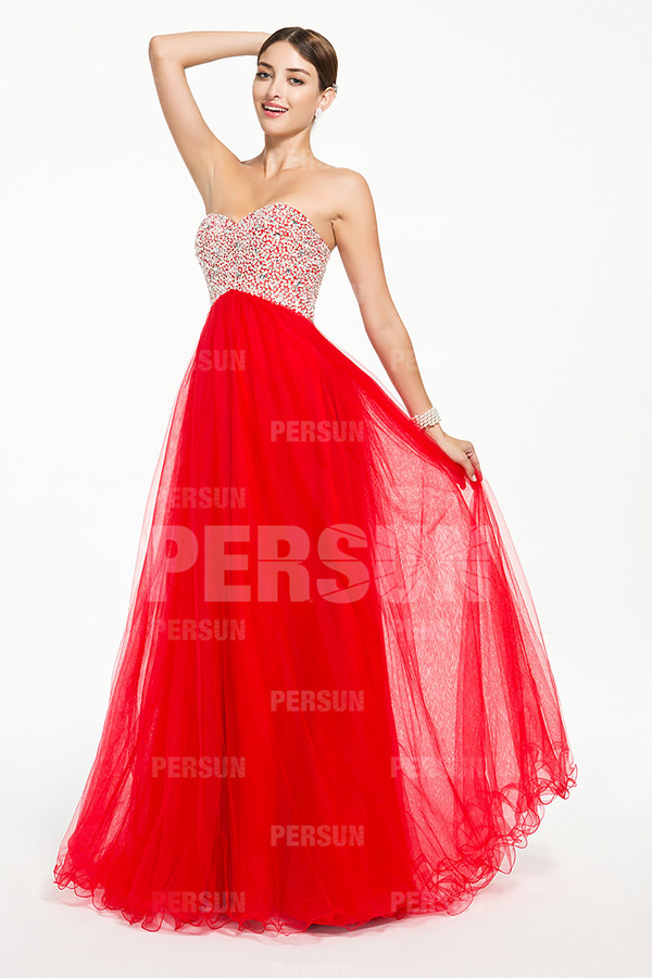 Robe soirée rouge bustier pailleté style empire longue sol
