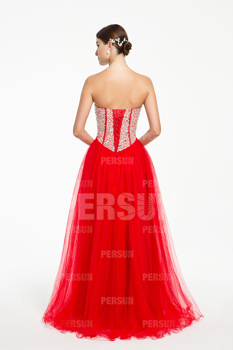 Robe soirée rouge bustier pailleté style empire longue sol