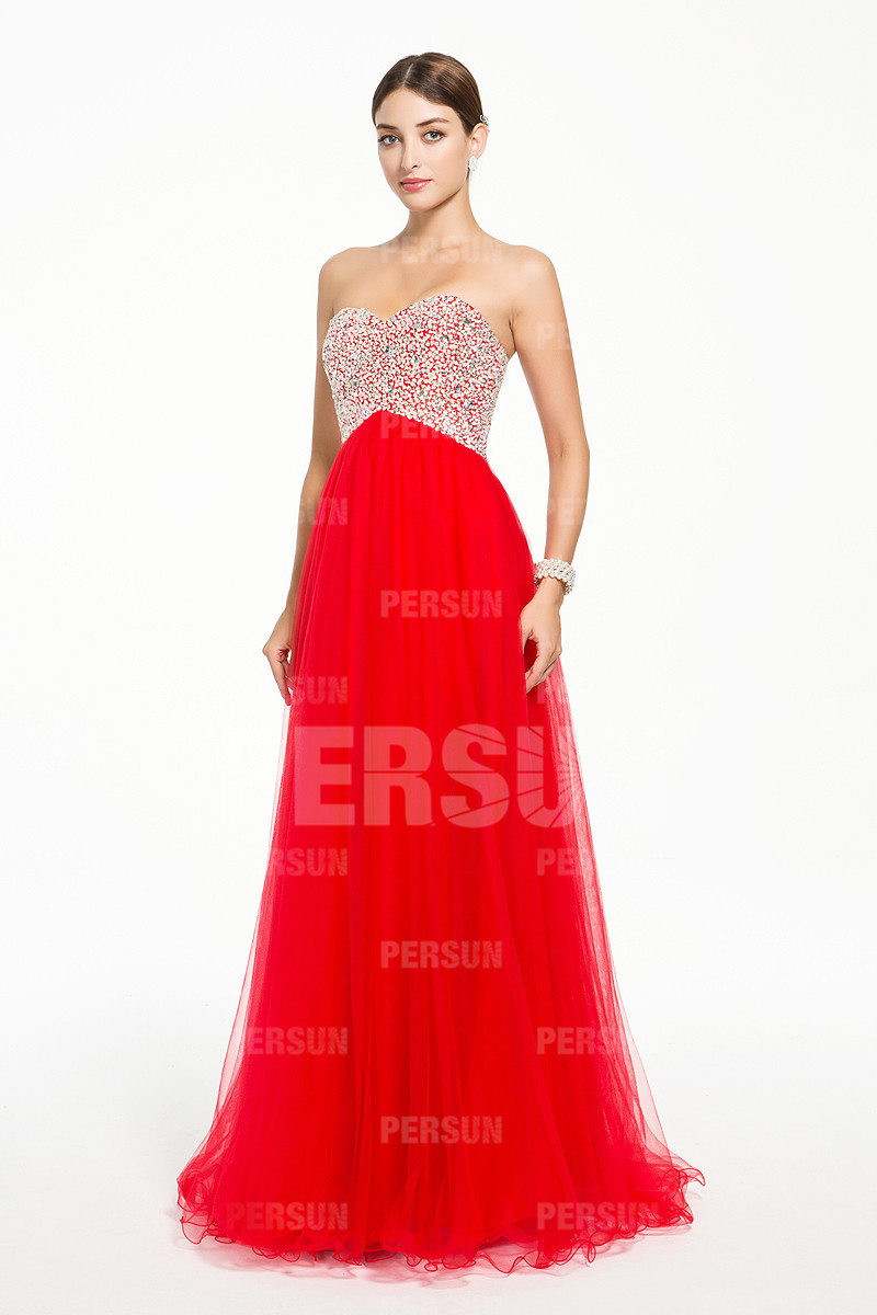 Robe soirée rouge bustier pailleté style empire longue sol