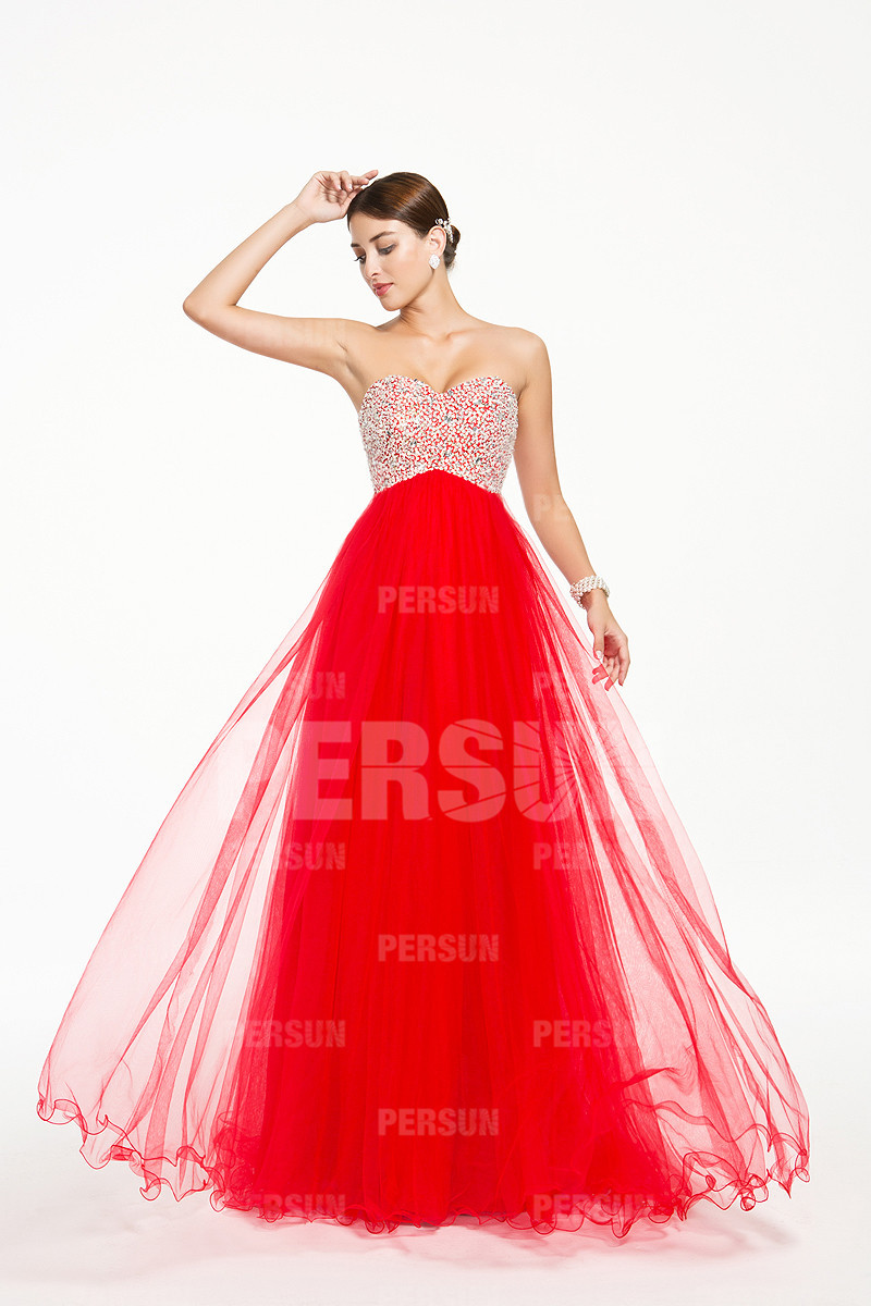 Robe soirée rouge bustier pailleté style empire longue sol