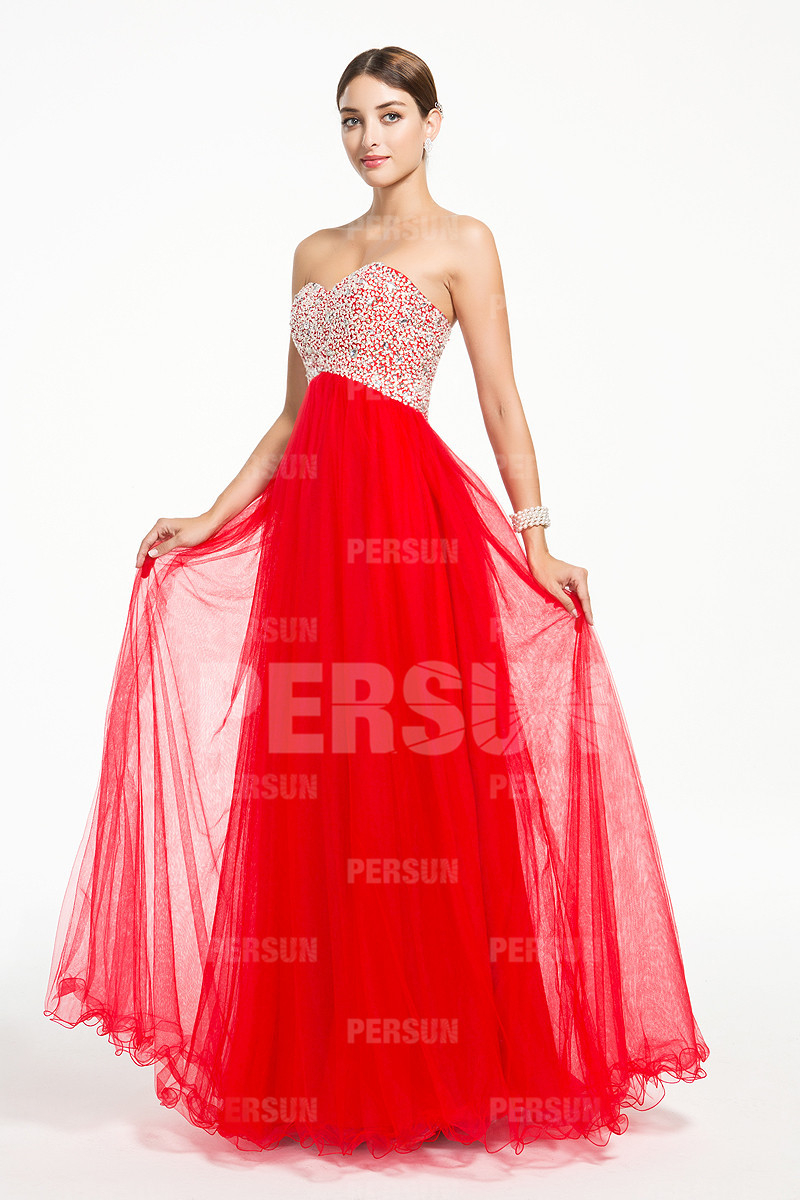 Robe soirée rouge bustier pailleté style empire longue sol