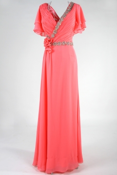 Robe soirée rouge longue avec manches courtes