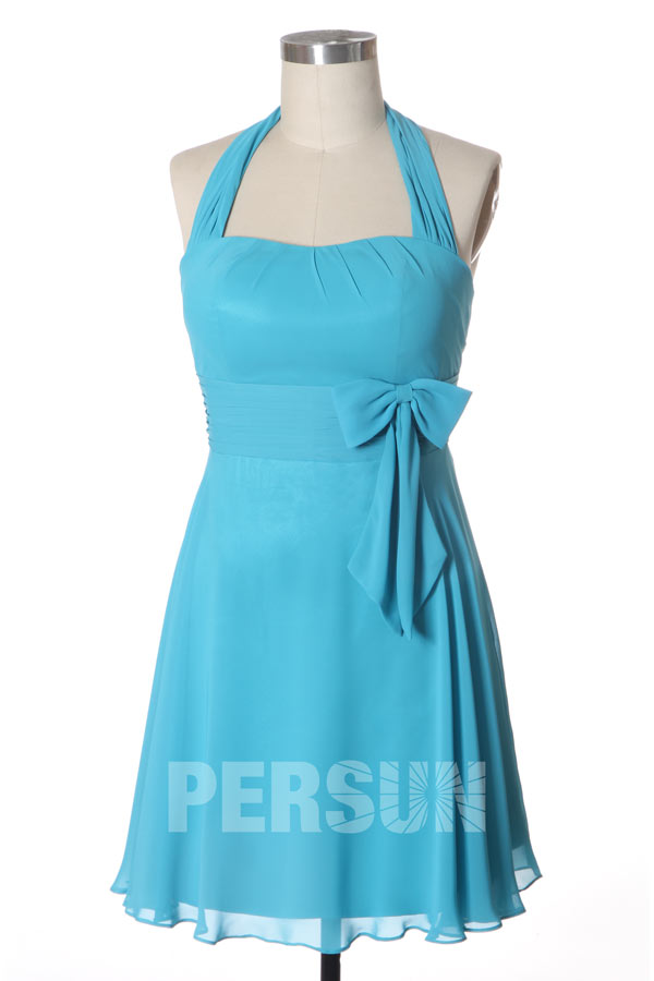 Robe demoiselle d'honneur courte avec bretelle au cou